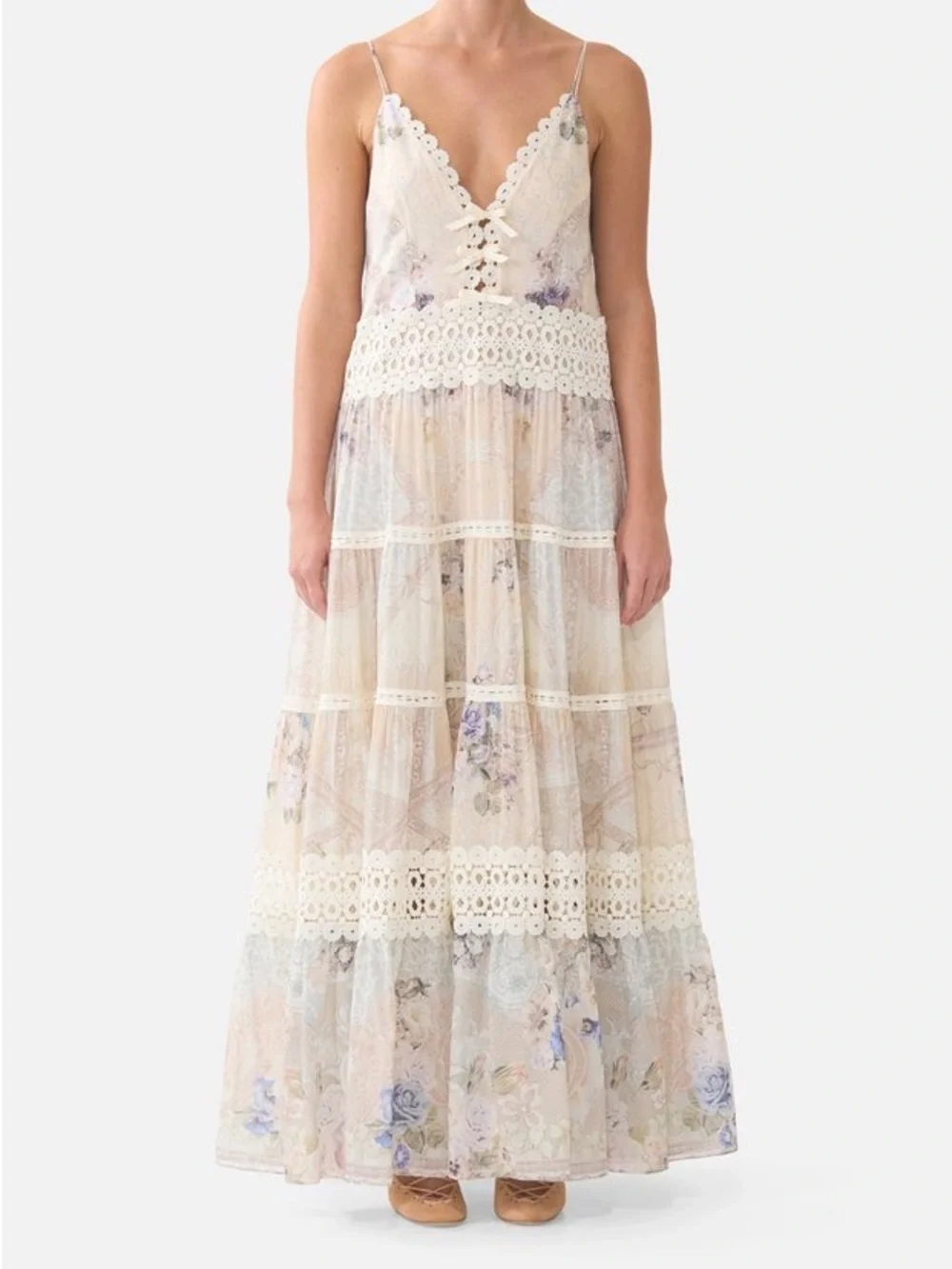 Camilla Trapeze Tired Dress. Cream Floral Lace Maxi Dress - Picture 2 of 10